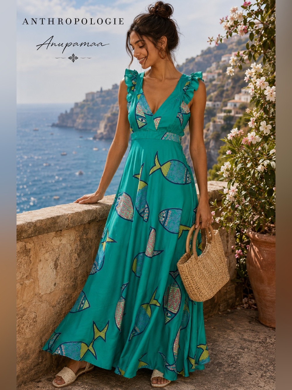 Anthropologie Anupamaa 100% Silk Fish Maxi Dress Turquoise Resort NWT Size 14 X